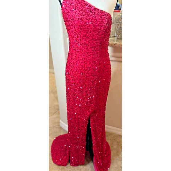 Lavetir One-Shoulder Split Side Long Sequin Dress Pink Size Medium 4-8 - Picture 2 of 14